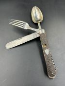 A Victorian folding silver campaign cutlery of fork and spoon with steel knife set with horn