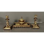 A French "Chinese" Famille Jaune gilt brass and champleve enamel desk set comprising of an ink