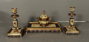 A French "Chinese" Famille Jaune gilt brass and champleve enamel desk set comprising of an ink