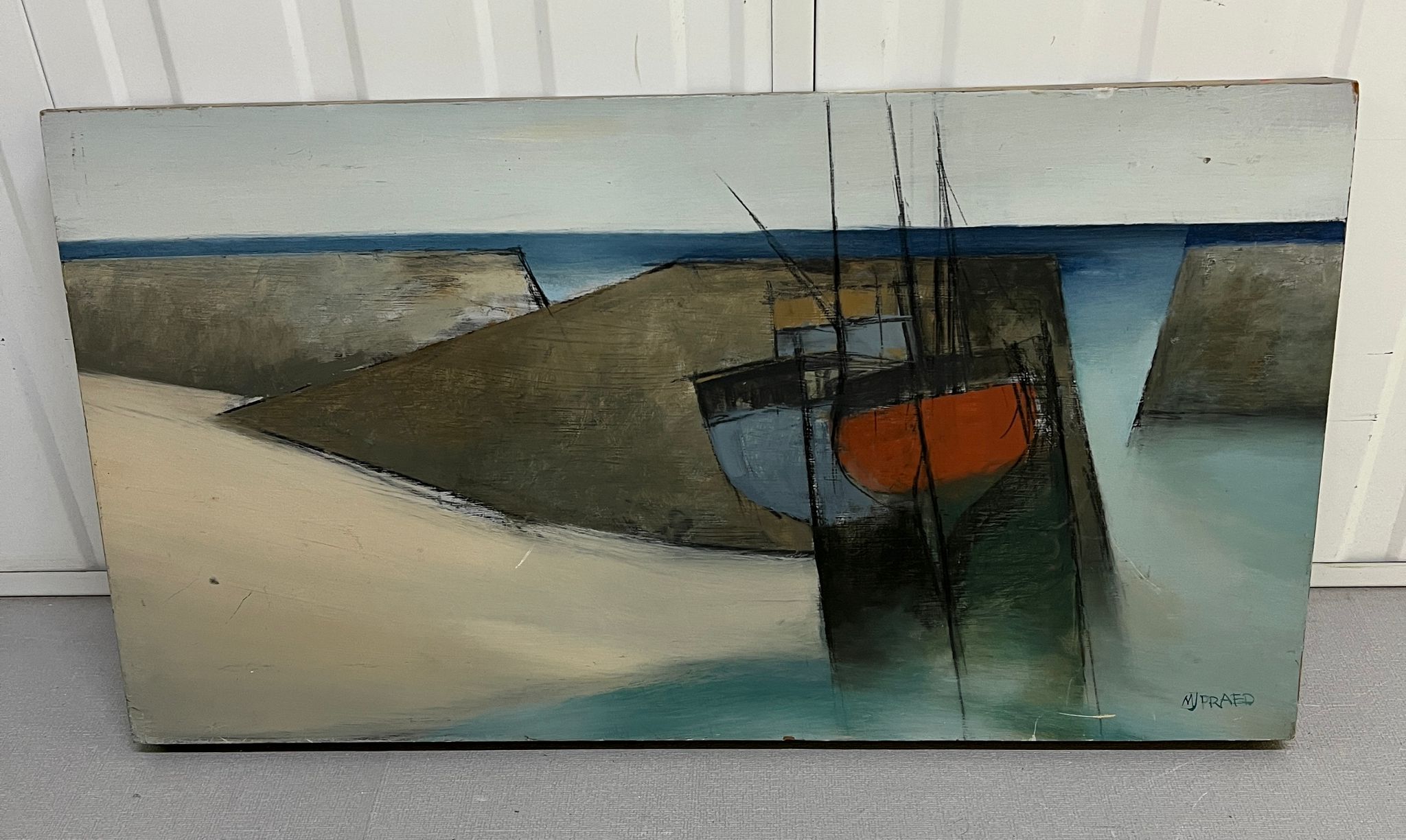 M J Praed (British B 1941) Oil on board Harbour Forms 93 82cm x 44cm