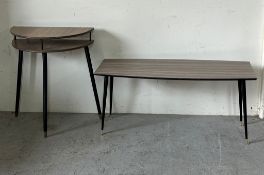 A Mid Century coffee table on tapering legs and a demi lune side table in the same style