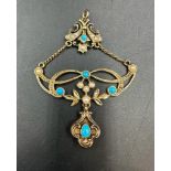 Tests 15ct 6.6g Turquoise and pearl pendant