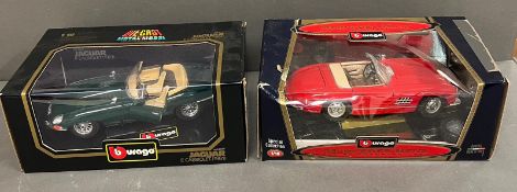 Two Burago scale models Mercedes Benz Roadster and E Type Jaguar Cabriolet