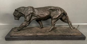 PROWLING PANTHER BRONZE SCULPTURE, signed 'Bugatti', by Talos Gallery, marble base, 52cm L x 22cm