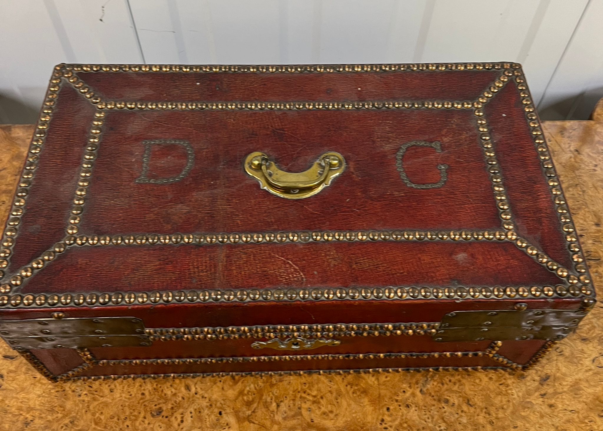 A red leather and brass deed box with stud detail (40cm x 23cm x 15cm) Dated to c 1750 Daniel - Image 3 of 4