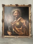 An 18th/19th Century portrait of a saint in crown with sword and orb, relined and in ornate AF frame