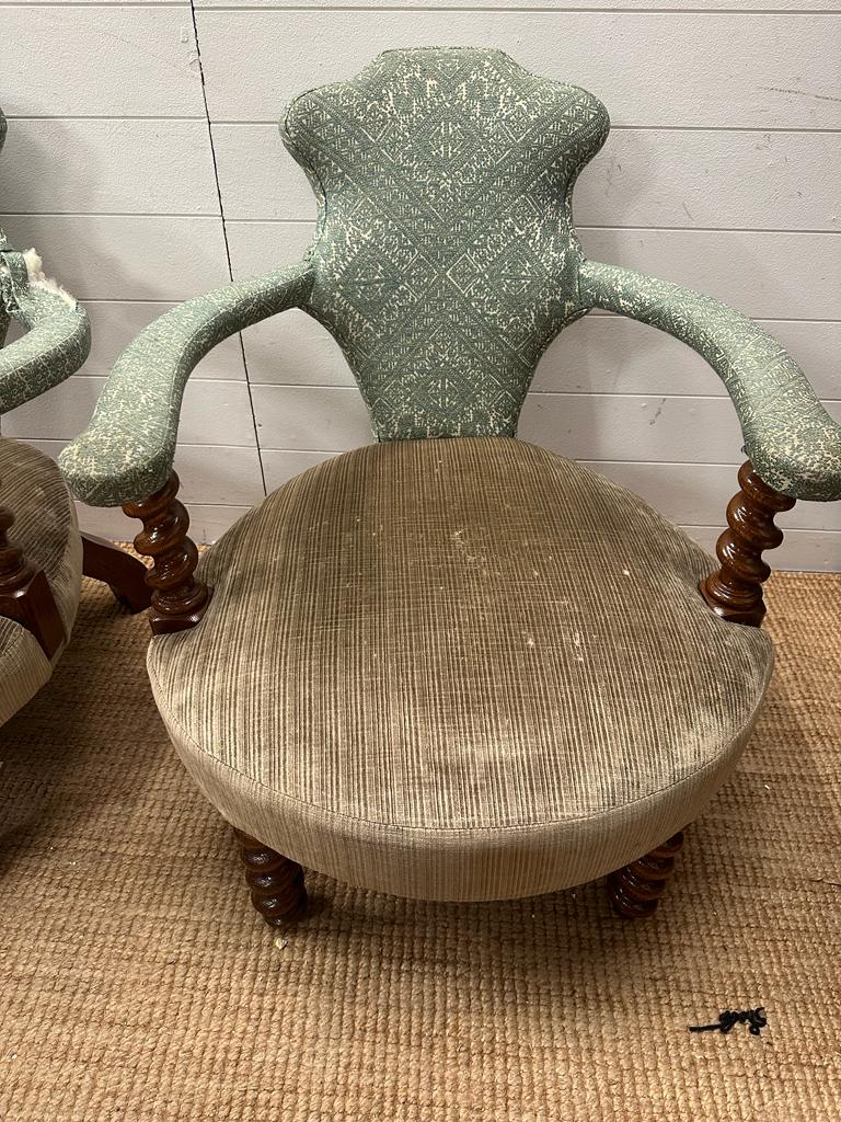A pair of oak framed Victorian salon chairs upholstered in green with barley twist legs and arm - Image 4 of 4