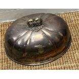 A silver plate meat cloche or dome with foliate handle and military shield inscribed "48th