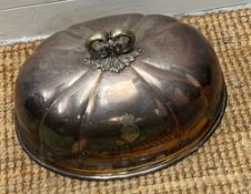 A silver plate meat cloche or dome with foliate handle and military shield inscribed "48th