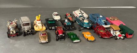 A selection of Diecast play worn toy cars to include Dinky and Corgi, James Bond Gold DB5, Batmobile