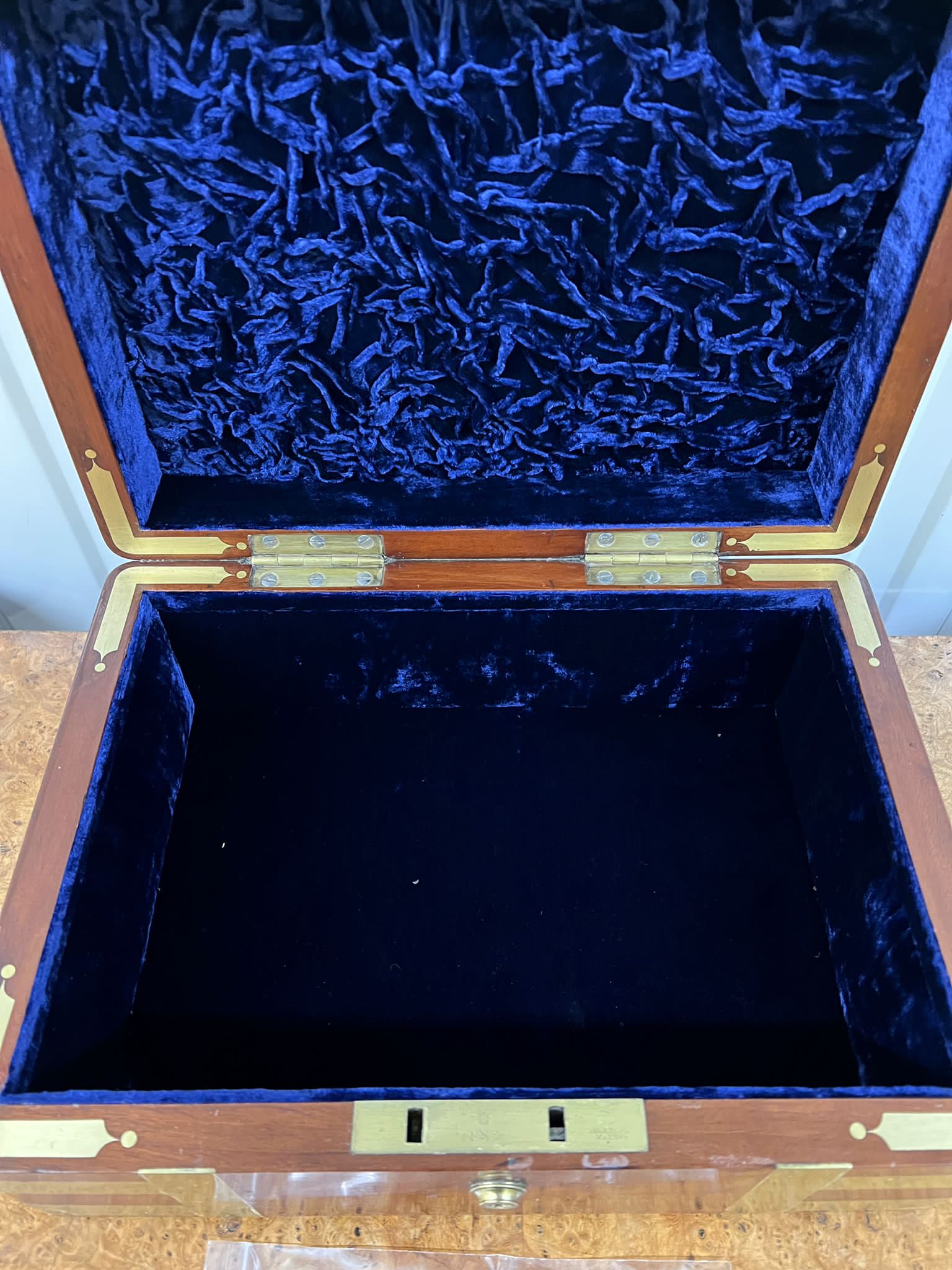 A Brass bound campaign, blue velvet lined correspondence box (36cm x 26cm x 15cm) - Image 6 of 8