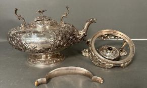 A substantial AF silver spirit kettle, with broken stand. Engraved re a sweepstake in a club from