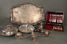 A quantity of silver plate to include cutlery, serving dishes and tray