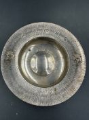 A silver ashtray with textured decoration and Queen Elizabeth II cipher by S J Rose & Son and