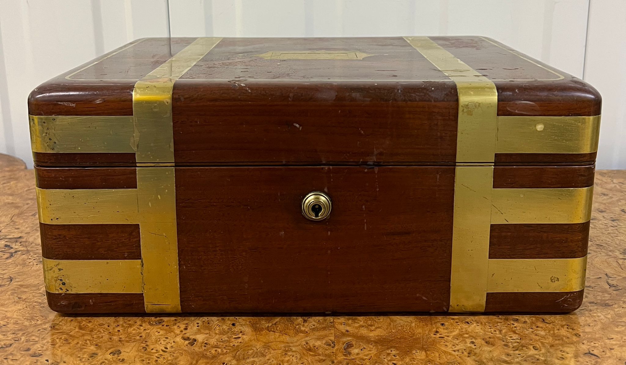 A Brass bound campaign, blue velvet lined correspondence box (36cm x 26cm x 15cm) - Image 4 of 8