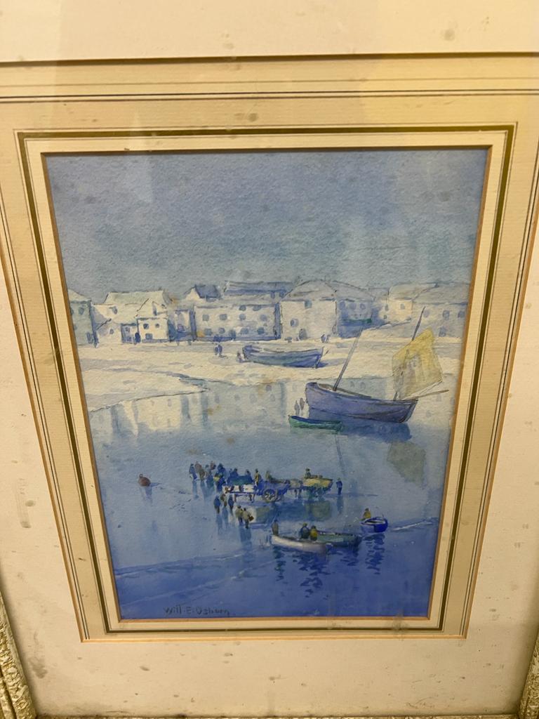 Will E Osborn signed bottom left a watercolour of fishing boats landing in ornate gilt frame. - Image 2 of 4