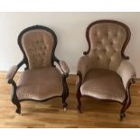 Pair of Victorian chairs, open armchair and armchair on scrolling legs and castors, button back