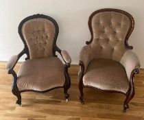 Pair of Victorian chairs, open armchair and armchair on scrolling legs and castors, button back