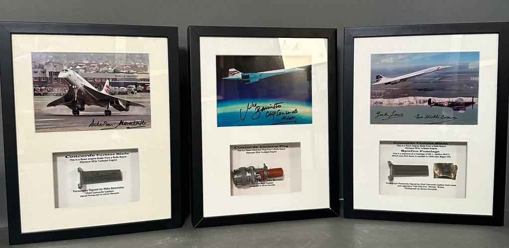 Three limited edition signed Concorde box framed photos and pieces of actual Concorde planes. Adrian