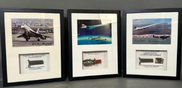 Three limited edition signed Concorde box framed photos and pieces of actual Concorde planes. Adrian