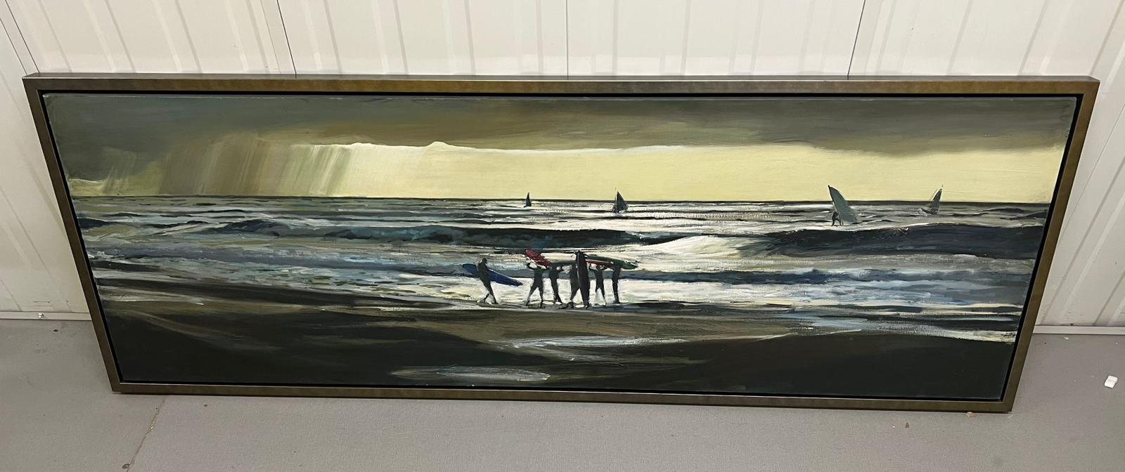 Oil on canvas of a surfing scene, unsigned (70cm x 190cm), boxed framed - Image 2 of 7