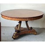 A Regency style centre table, three ornate scrolling legs on a concave platform base with carved