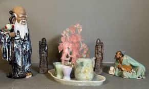 A selection of Chinese items to include two stone figures, two china figures, an AF rose quartz