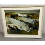 Chris Sims oil on board 'Lowside' 91cm x 76.5cm Brian Sinfield gallery label verso.