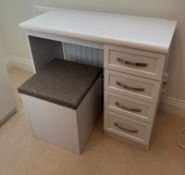 A small light grey dressing table and square stool (H76cm W86cm D39cm)