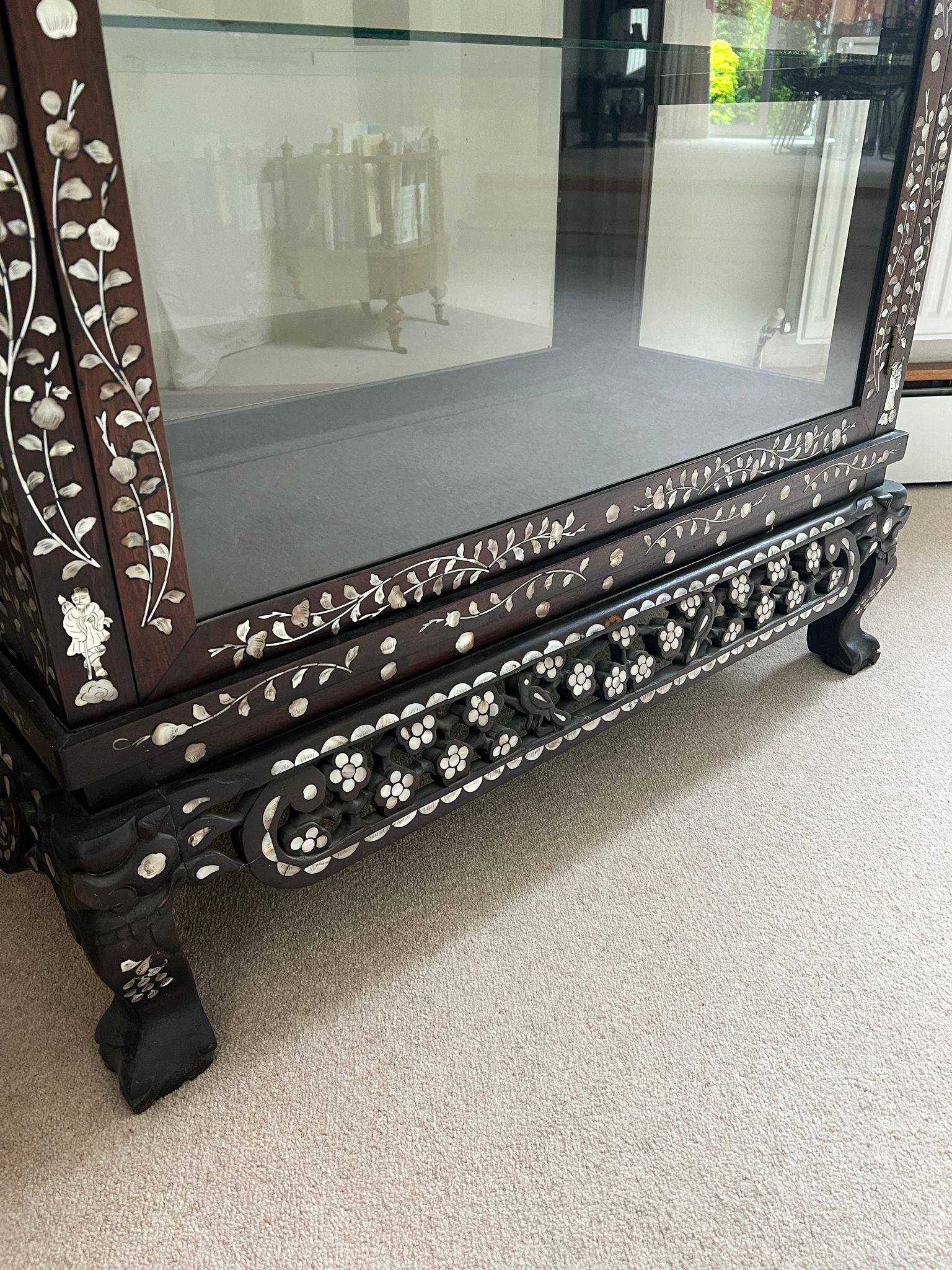 A hardwood, double side opening Chinese display cabinet with mother of pearl inlay and three glass - Image 2 of 6