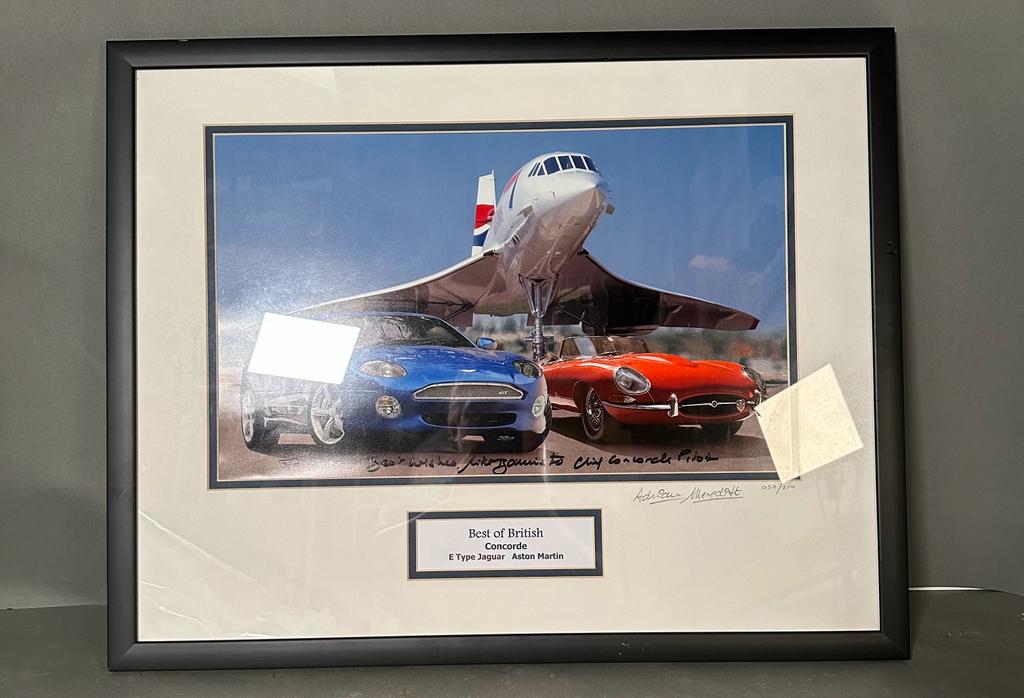 Concorde Interest: Best of British signed photograph Concorde, E Type Jaguar and Aston Martin 037/