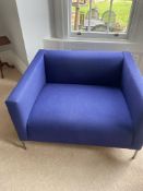 A pair of contemporary blue upholstered arm chair on chrome legs H63cm W104cm D90cm