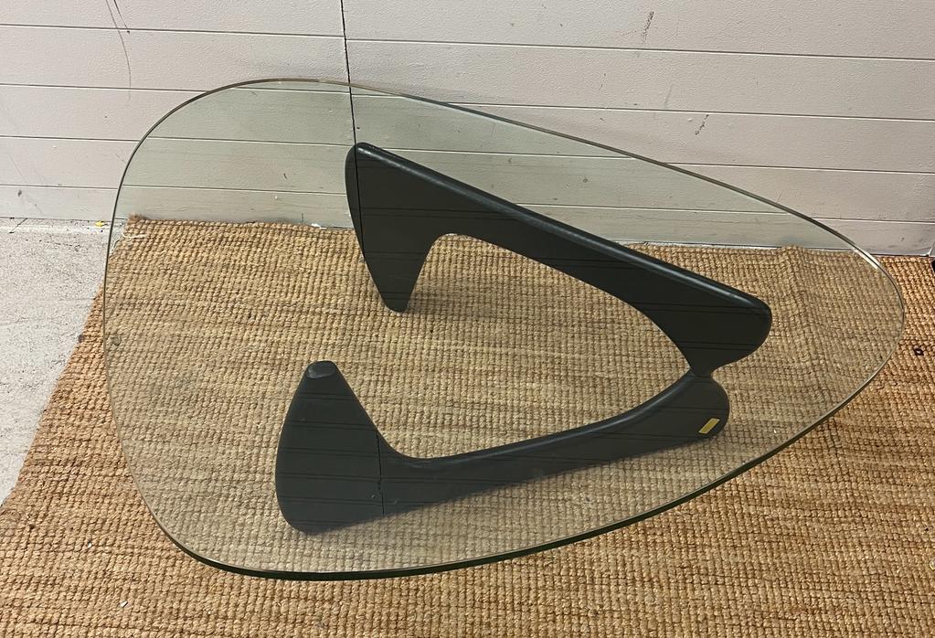 Glass coffee table with contemporary stand (40cm H x 126cm W x 95 cm D)