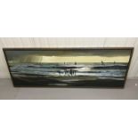Oil on canvas of a surfing scene, unsigned (70cm x 190cm), boxed framed