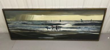 Oil on canvas of a surfing scene, unsigned (70cm x 190cm), boxed framed