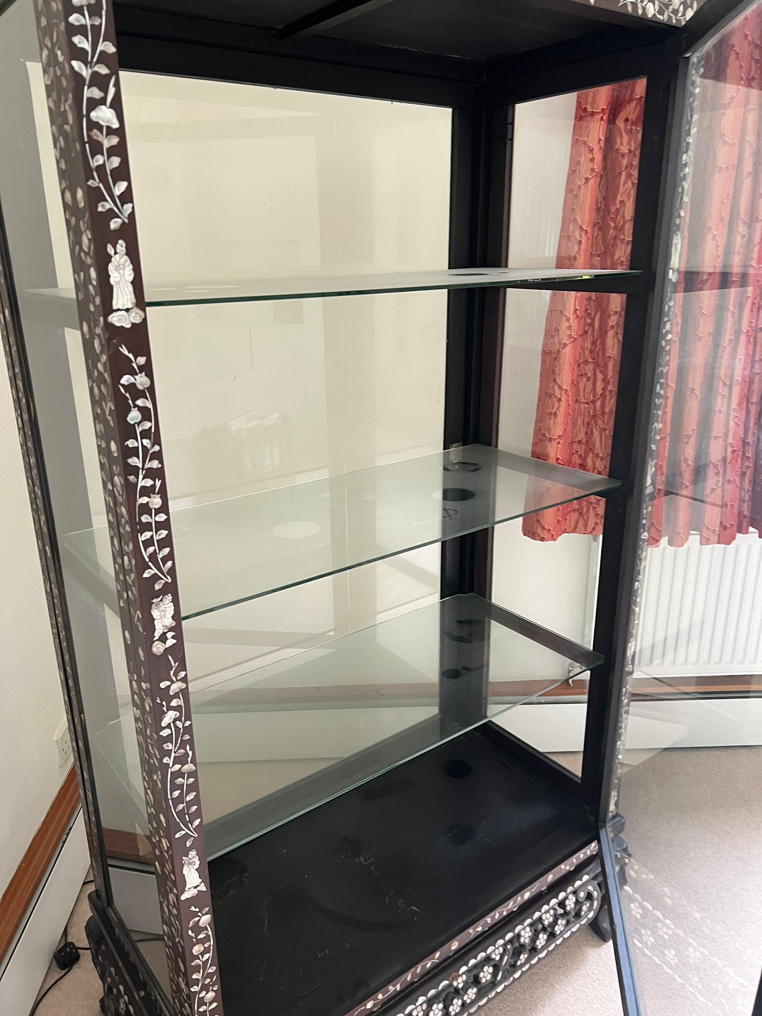 A hardwood, double side opening Chinese display cabinet with mother of pearl inlay and three glass - Image 4 of 6