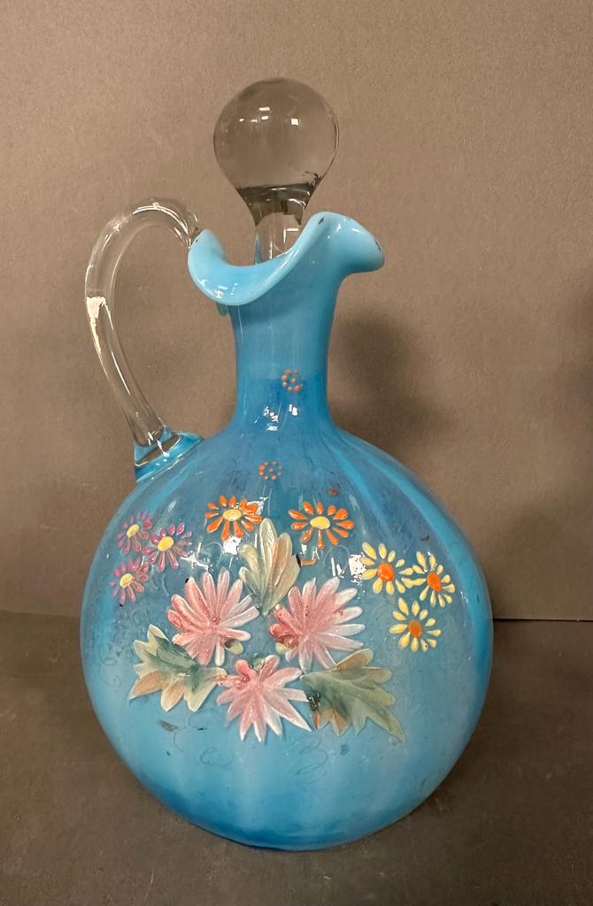 Two Victorian milk blue hand blown and hand painted glass decanters with floral detail - Image 3 of 7