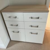 A contemporary chest of drawers, with gloss drawers (H89cm W88cm D40cm)