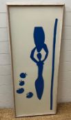 An abstract blue and white picture of a lady carrying a jug (48cm x 120cm)