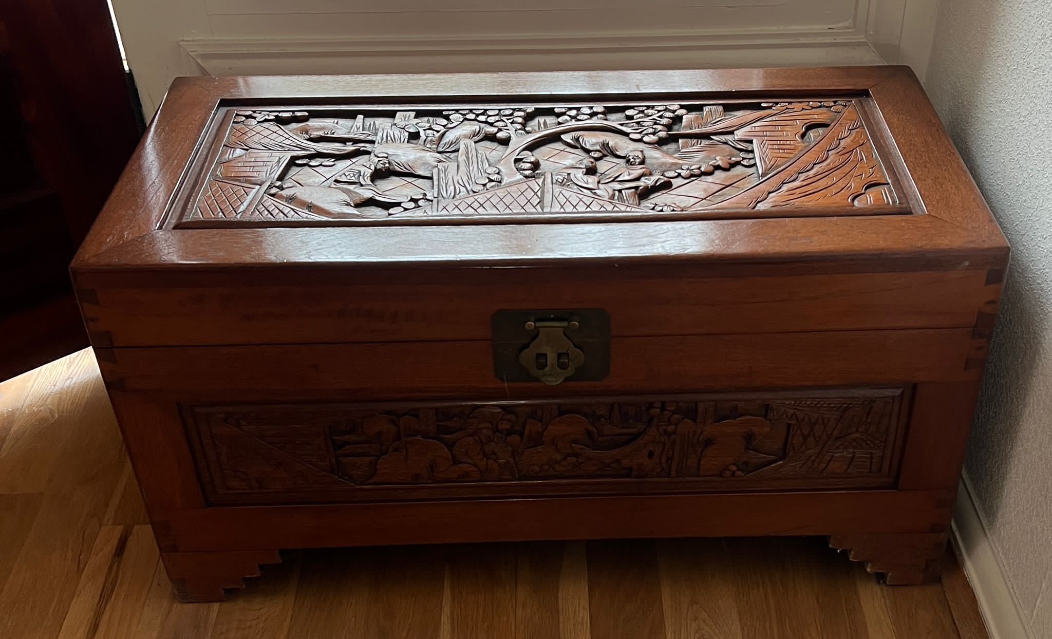 A camphor chest with brass fittings and carved pastural scene (74cm x 36cm x 40cm) - Image 7 of 7