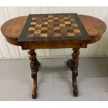 A Victorian Inlaid checkerboard / games table. On barley twist supports and scrolling legs.