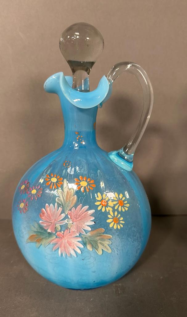 Two Victorian milk blue hand blown and hand painted glass decanters with floral detail - Image 7 of 7