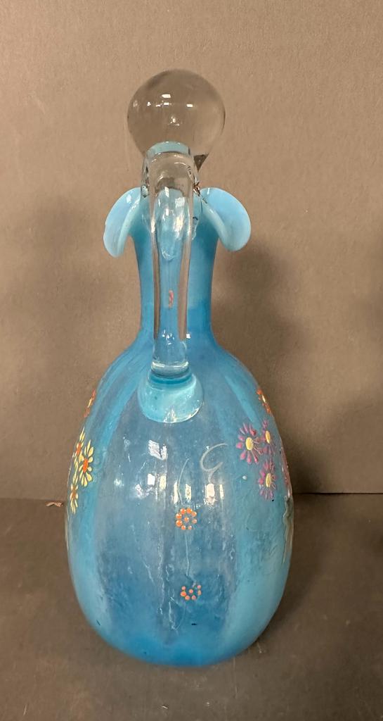 Two Victorian milk blue hand blown and hand painted glass decanters with floral detail - Image 6 of 7