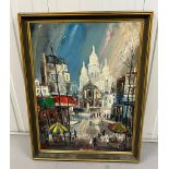 A Parisian street scene, oil on canvas with indistinct signature bottom right.