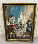 A Parisian street scene, oil on canvas with indistinct signature bottom right.