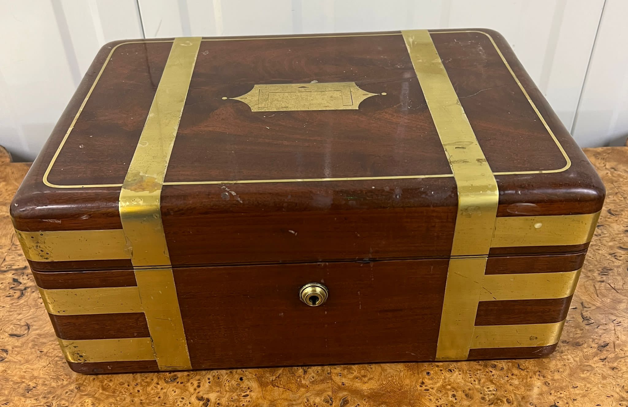 A Brass bound campaign, blue velvet lined correspondence box (36cm x 26cm x 15cm) - Image 2 of 8