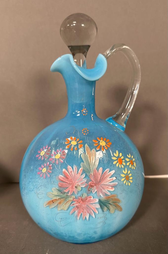 Two Victorian milk blue hand blown and hand painted glass decanters with floral detail - Image 2 of 7