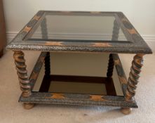 A square side table with glass top and swirl support on turned feet and metal inlay (H38cm SQ60cm)