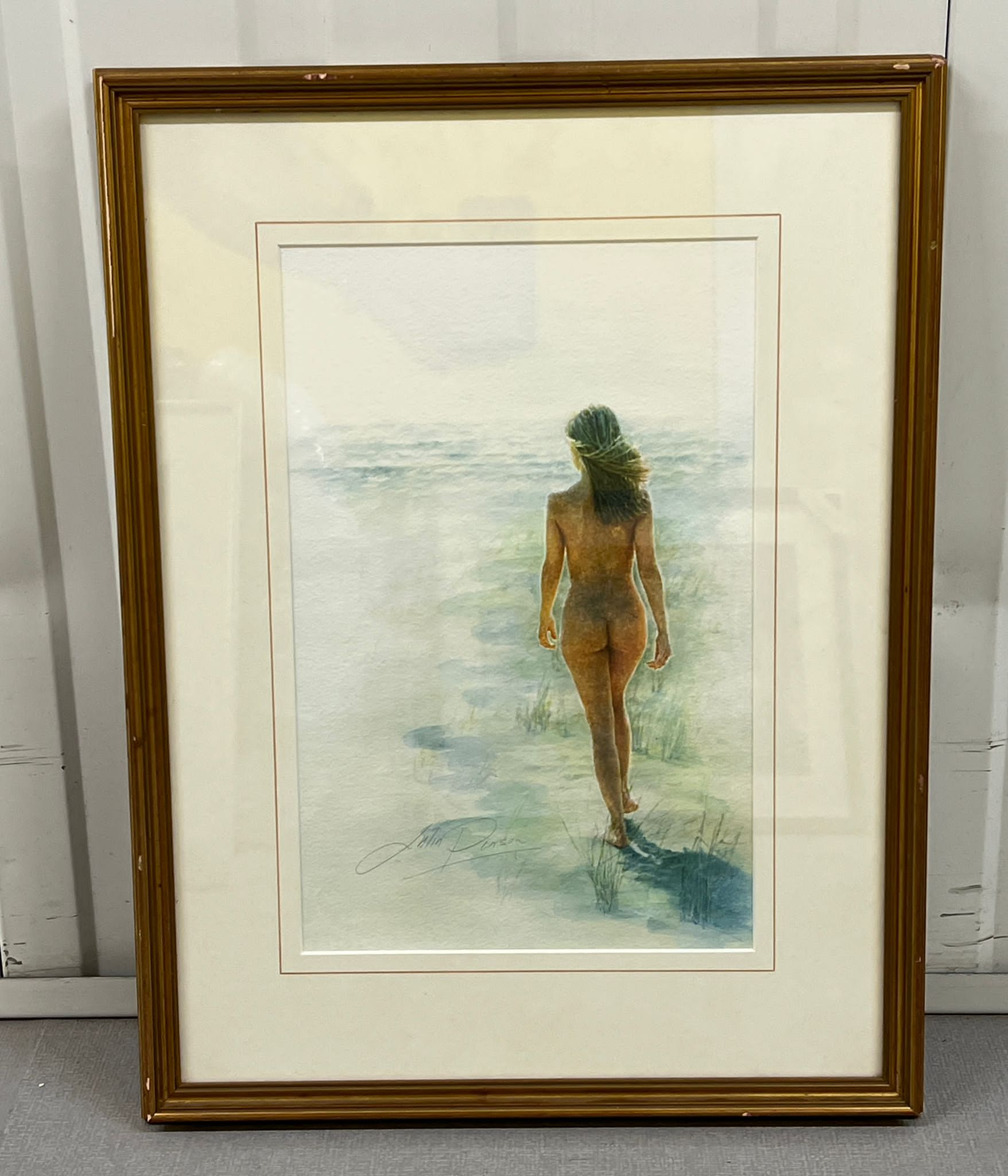 Julia Pearson watercolour nude walking on a beach signed bottom left, 41cm x 53cm