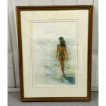 Julia Pearson watercolour nude walking on a beach signed bottom left, 41cm x 53cm